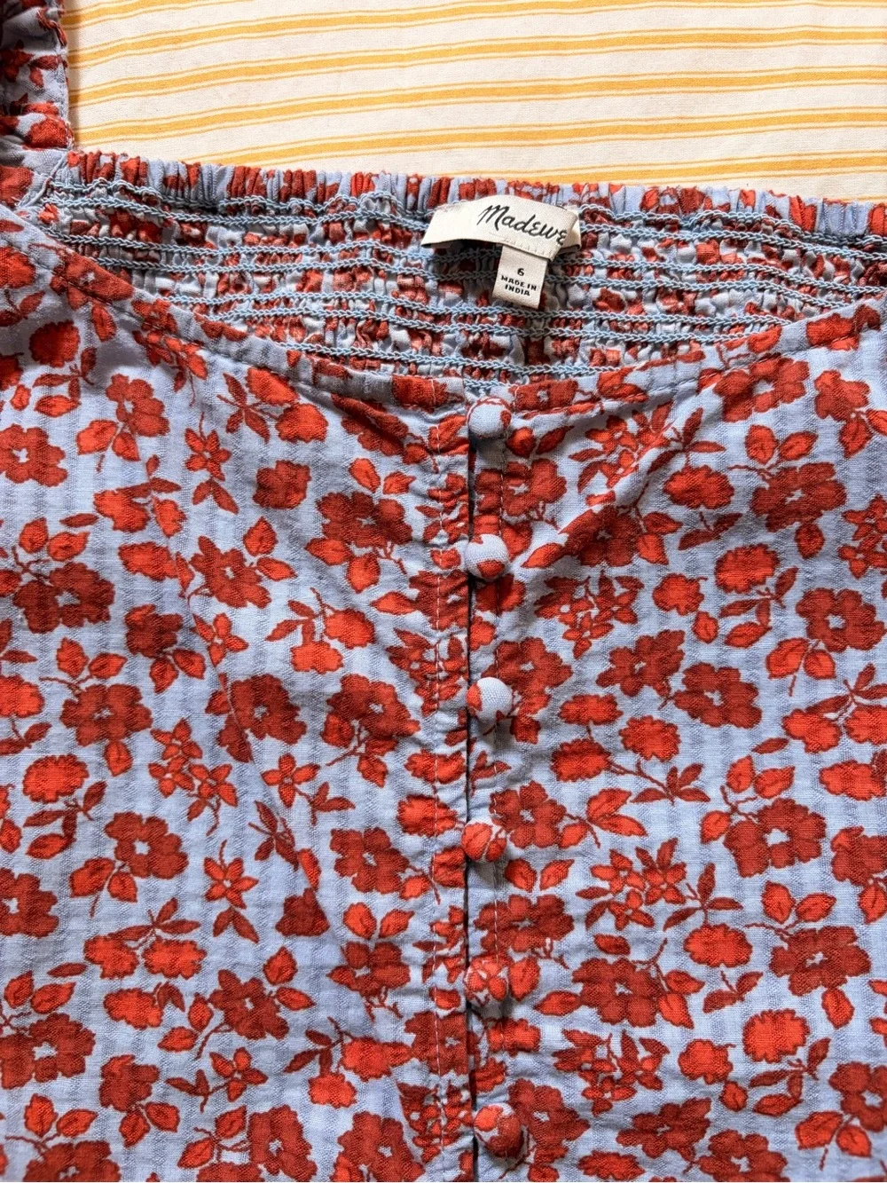 Madewell Light Blue Puff-Sleeve Floral Button-Front Top